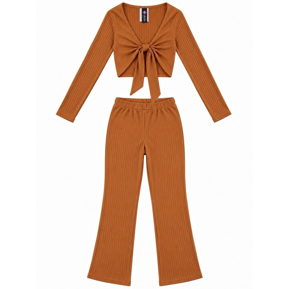 bebe 2pc Ribbed Knit Set Tie-Front V-Neck Top Flared Pants M Brown